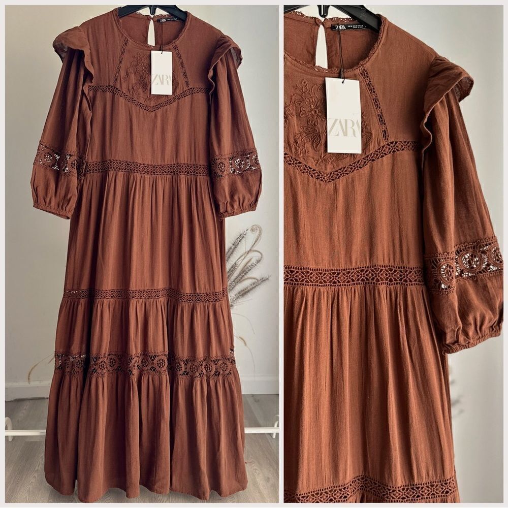 Zara Brown Openwork Embroidered Dress New Lined